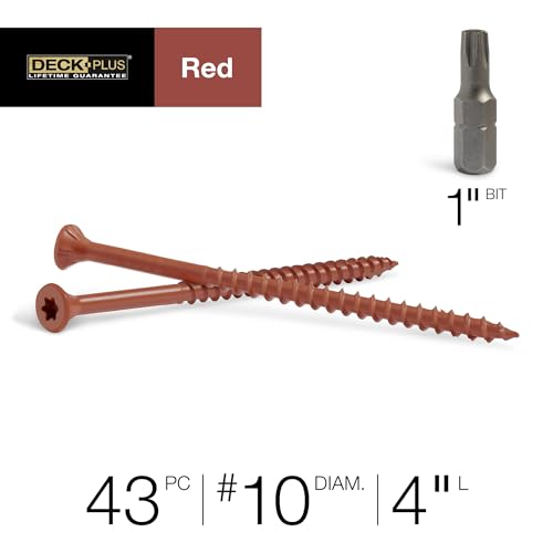 Image of Deck Plus 4 Inch Epoxy Coated Exterior Wood and Fence Screws #10 x 4 Torx /Star Drive Included Coarse Thread, Outdoor Rust Resistant Decking Screw, Red, 1lb Box, 43 Pieces | 48437
