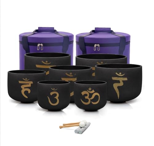 Siceeoly 7-12 inch 432HZ Gold Powder Printing Black Chakra Crystal Singing Bowls Set of 7 Meditation Bowl Frosted Healing Quartz Bowls with 2 Travel Carry Case Bag 2 Mallet Suede 2 Strikers 7 O-rings
