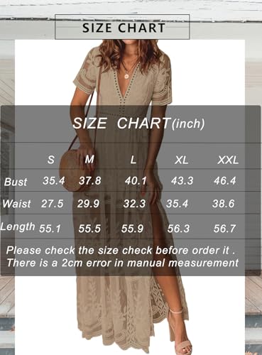 Image of Womens V Neck Floral Embroidered Lace Wedding Maxi Dress Boho Short Sleeve Slit Bridesmaid Evening Party Dresses Apricot