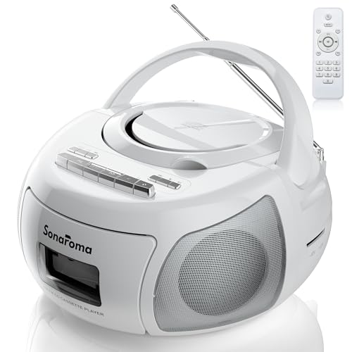 CD Cassette Player Combo, Battery Operated Bluetooth Boombox, CD Cassette USB MP3 AM/FM Radio, Headphone Jack, Retro Music Player with Recording Function (White)