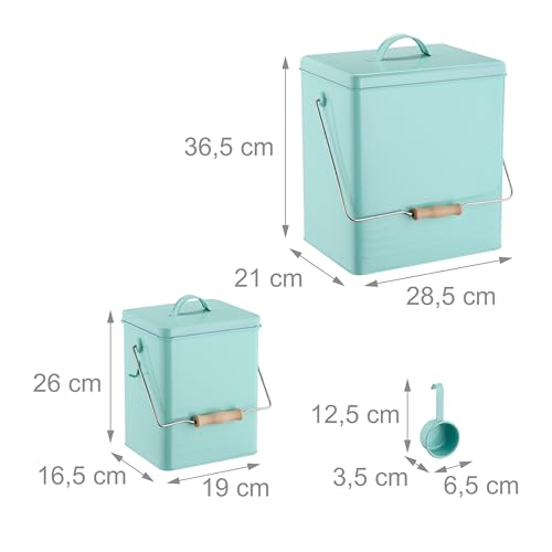 Relaxdays Futterbox, 2er Set, 2 Größen, Futtertonne mit Deckel & Löffel, Eisen, Aufbewahrungsbox Trockenfutter, türkis