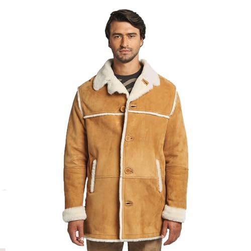Men's Classic Marlboro Man Tan Brown Jacket Real Shearling Sheepskin Leather Warm Coat - Main Image
