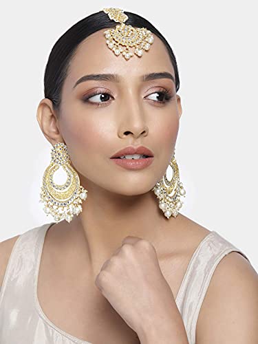 I Jewels Gold Plated Indian Wedding Bollywood Matte Finish Kundan & Faux Pearl Bridal Chandbali Earrings with Maang Tikka Set for Women (TE2860-61)2