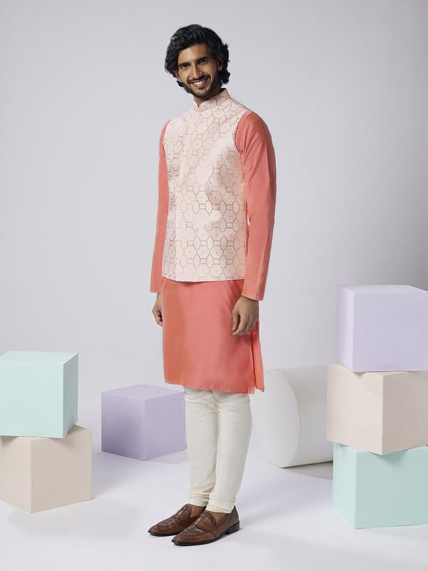 Image of KISAH Men Printed Kurta Jacket Set, Full Sleaves, Knee Length, Straight, Regular Fit, Mandarin Collar Ethnic Wear
