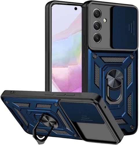 Image of SPAZY CASE Samsung Galaxy F36 Back Cover | Heavy Duty Hybrid Case with 360 Degree Rotating Finger Ring Holder + Slider Shutter Camera Protection Case for Samsung Galaxy F36 - Blue