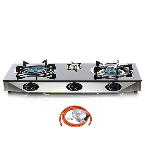 NJ NGB-S3 Indoor Gas Stove 3 burners Cooker Black Glass Hob LPG 7.8kW Regulator Set (Butane 21mm Clip-on)