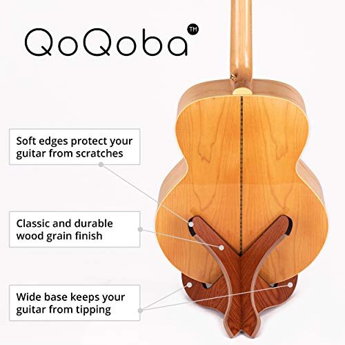QoQoba Portable Wood Guitar Stand w/Scratch-Proof Edges | Wooden Acoustic Guitar Stand | Collapsible Foldable Electric Guitar Stand Floor | Guitar Picks (5pcs)| Microfiber Guitar Cleaning Kit (LARGE)