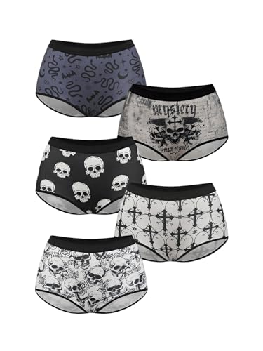 WDIRARA Women's 5 Pack Goth Graphic Panties Boyshorts Mid Rise Shorts Briefs Boxer