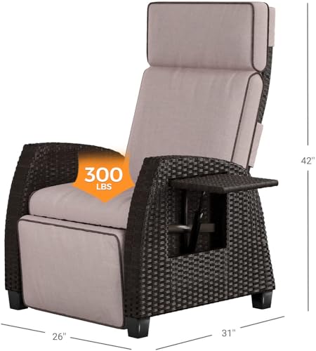 Grand Patio MUER-1 Outdoor Recliner Moor Lay Flat Recliner With Flip Table Push Back Wicker Reclining Lounge Chair Flax thumb #1
