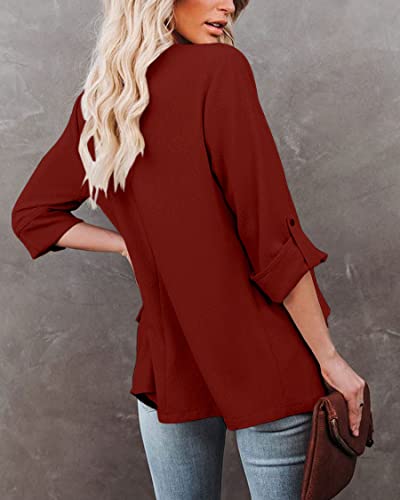 Womens Casual Blazer Jackets Roll Up Long Sleeve Open Front Work Office Business Blazers with Pockets Red4
