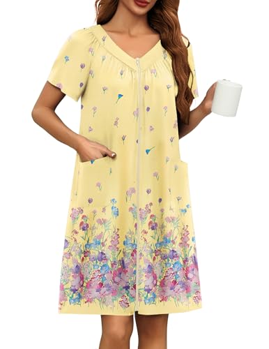 Image of Ekouaer Women Robe Zipper Front Mumu Duster Robes Zip Up Housecoat Soft Sleepwear with Pockets