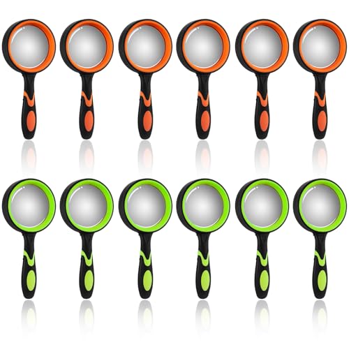 12 Pcs 10X Magnifying Glass Handheld Shatterproof Reading Magnifier for Seniors and Kids, 50mm Colored Magnifying Lens with Non Slip Rubber for Observation Exploration Science (2 Colors)
