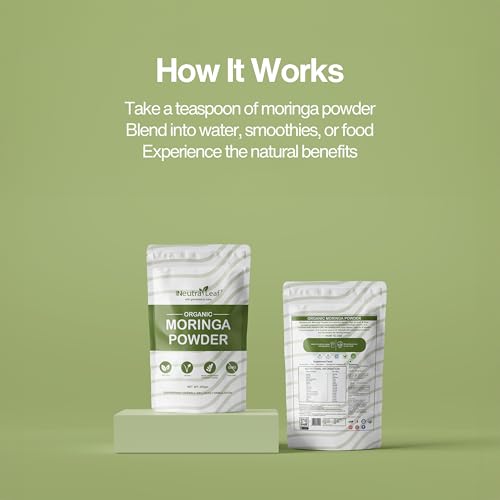 Image of Neutraleaf Organic Moringa Powder | Drumstick Leaves Powder for Immunity | Rich in Iron, Calcium & Plant Protein | Superfood for Hair Growth & Glowing Skin | Non-GMO, Vegan | Resealable Bag | 200g