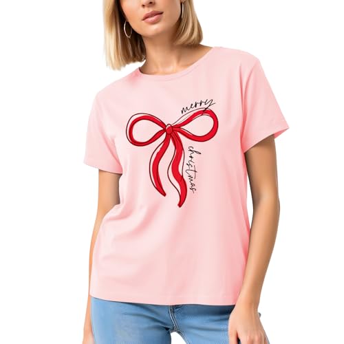 Image of Merry Christmas Shirts for Women - Xmas Bow Short Sleeve Festive Holiday Pink Ribbon Tee Tops