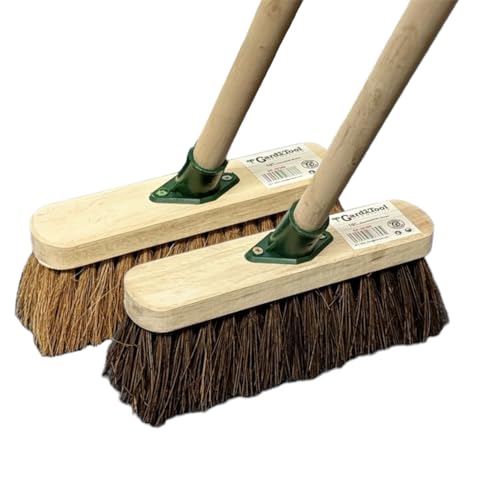 10 inch TWIN PACK OF TRADITIONAL WOODEN SWEEPING BRUSHES - x 1 STIFF OUTDOOR YARD SWEEPING BRUSH AND x 1 SOFT COCO BROOM WITH HANDLES