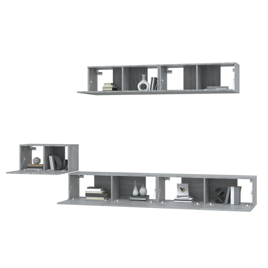 5-TLG. TV-Schrank-Set Grau Sonoma Holzwerkstoff, Wandmontage, Modernes Media Center für Wohnzimmer, Viel Stauraum, Stabil & Feuchtigkeitsbeständig