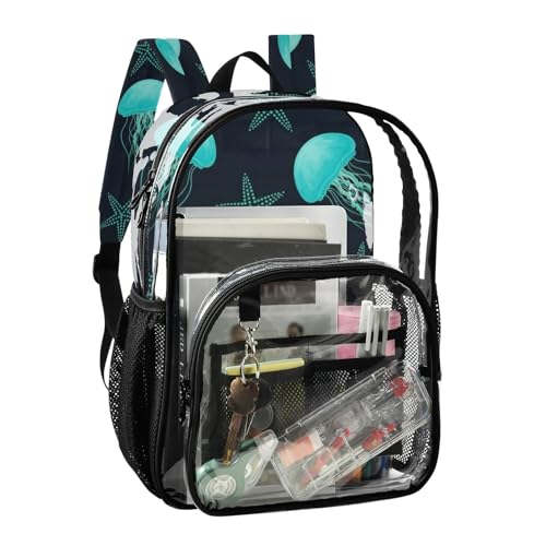 Boys Backpacks for Girls Teal Jellyfish Starfish Sea Black Clear Bag for Women Travel Approved See through Bag2