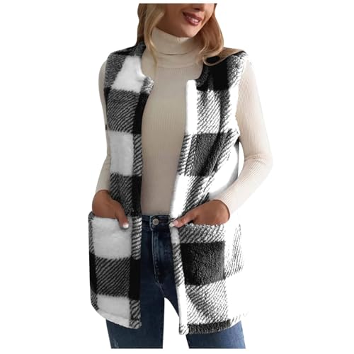 Sherpa Vest Outerwear Women Fuzzy Fleece Plaid Sleeveless Cardigan Winter Fashion Open Front Cute Jacket with Pocket2