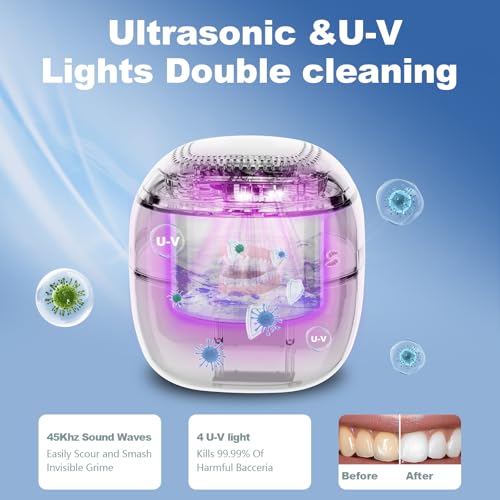 Image of Retainer Cleaner ultrasonic，45kHz 180ml ultrasonic cleaner, cleaning and drying functions with Digital Timer，Retainer Cleaner Machine for Dentures, Mouth Guards, Braces, Jewelry (White)