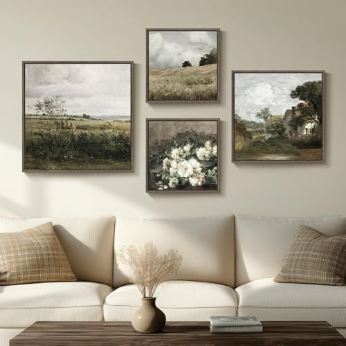 4 Piece Wood Framed Vintage Canvas Wall Art, Large Landscape