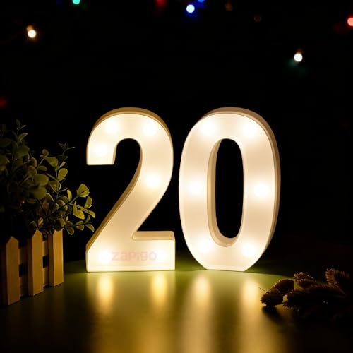 Image of Balloonistics LED Marquee Number 20 Light - Cordless Battery-Operated Light Up Number Sign for 20th Birthday, Anniversary, Wedding, Party Decoration, Wall Hanging or Table Display