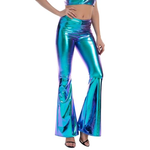 Pantalones De Piernas De Elefante Metalizado Mujer, De Talle Alto, Leggings De Noche, Con Lentejuelas, Cintura Elástica, Polipiel Extensible, Estilo Disco Años 70,Pantalones De Danza,Rock,Carnaval