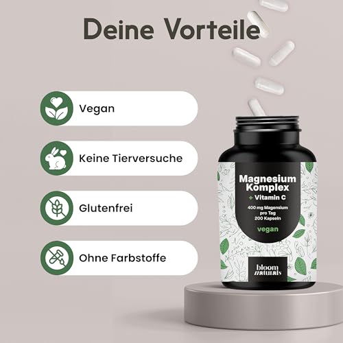 Magnesium Komplex hochdosiert - 200 Kapseln - 400 mg Magnesium pro Tag + Vitamin C, mit Bisglycinat, Citrat, Oxid, L-Ascorbat, Malat, vegan & produziert in Deutschland