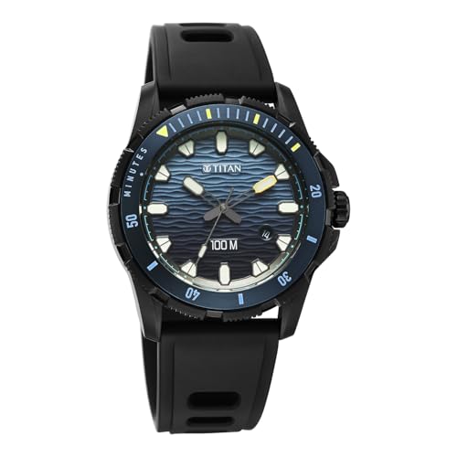 Image of Titan Zero Hour Diver's 100m Analog with Blue Dial Black FKM Strap Watch for Men - 10067KP02