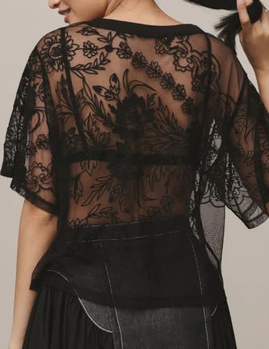 Arssm Womens Lace Mesh Top Short Sleeve Floral Embroidered Sheer Blouse Sexy See Through Lace Layering T-Shirts2