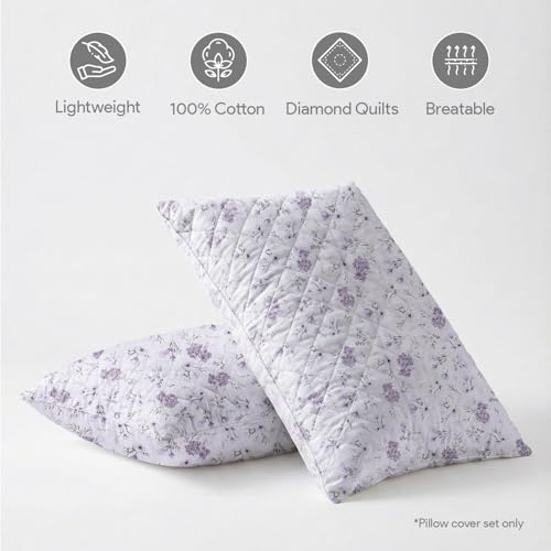 Image of LINENWALAS Printed Cotton Quilted Pillow Cover-Set of 2 | Ultra-Soft, Cooling & Breathable|Skin&Hair Friendly | Zipper Closure | Sweat-Absorbent & Hypoallergenic (18x28 Inches, Lavender Haze)