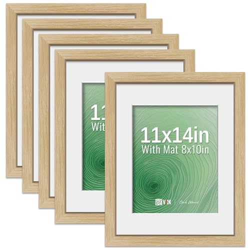 Image of VCK 11x14 Picture Frame 5 Pack, Oak Wood, 8x10 Mat, Glass, for Print