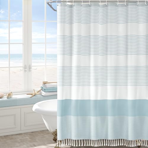 XOGUIBO Aqua Blue Shower Curtain Cotton Coastal Ocean Striped Shower Curtains for Bathroom with Tassel 72 X 72