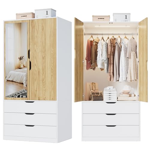 MSFE Armoire Chambre Penderie avec 2 Portes, Armoire Dressing Blanc avec Miroir, LED et 3 Tiroirs, Armoires de Rangement Bois pour Adulte Enfant, Garde-Robe...
