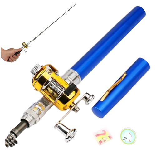 ESiiFuu Small Fishing Rod Pen Fishing Rod, 8.3 Inch Mini Fishing Rod, 5-Sections Telescopic Pocket Fishing Pole with Spinning Reel, Portable Fishing Rod Blue