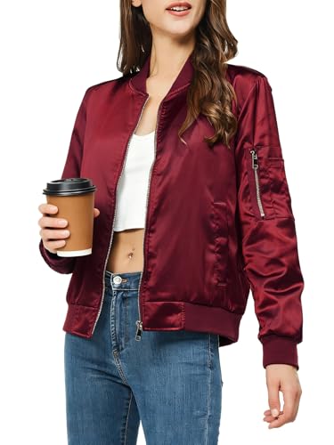 Rasujie Satin Bomber Jacket Women Zip Up Varsity Jacket Fall
