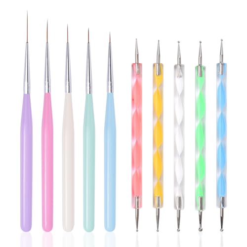 siyuwuro 10Pcs Nail Art Brush Kit Double-end Dotting Pens Nail Fine Liner Brushes for UV Gel Polish Acrylic Nails 10 Sizes Dotting Drawing Pens Nail Art Design Tool