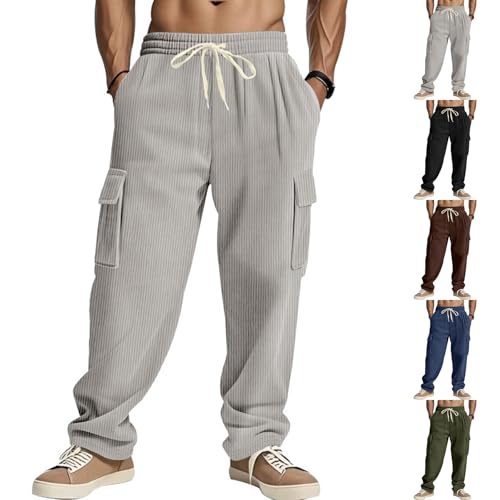 Corduroy Pants Men Casaul Elastic Drawstring Waist Mencomfy Cargo Pants Baggy Athletic Work Sweatpants with Pockets