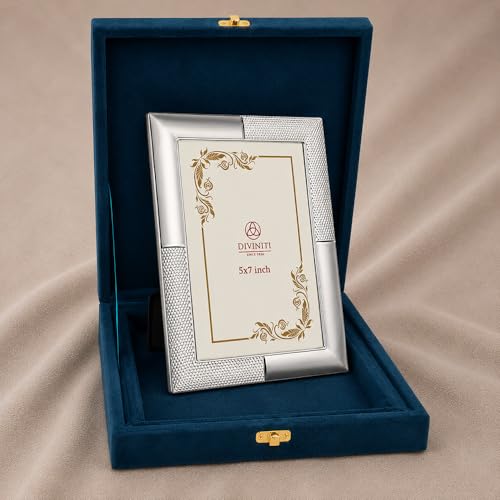Image of DIVINITI German Silver Photo Frame 5x7 Inch | Luxury Silver Plated Picture Frame for Table & Desk Decor | Elegant Textured Border Design with Stand | Premium Gift Frame for Home & Office