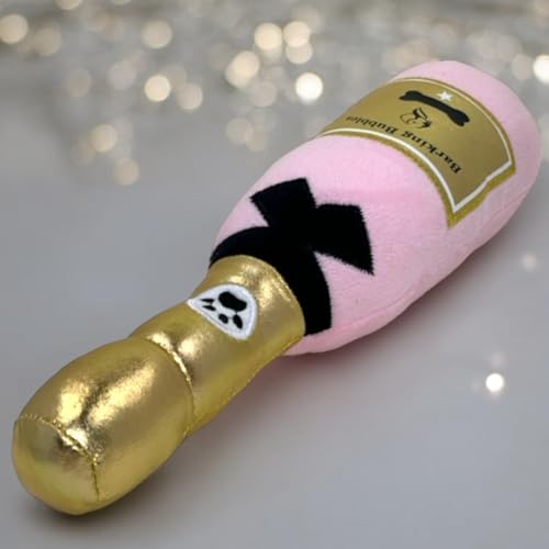 MIJOMA Hundespielzeug Barking Bubbles - Plüsch-Champagnerflasche für Hunde, Quietschgeräusch, Robustes Polyester, 28 cm (Rosa)