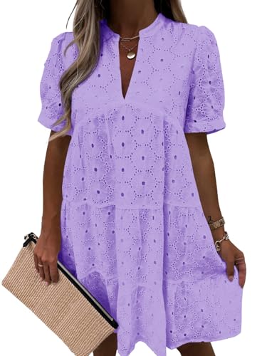 Image of Imily Bela Womens Summer Lace Dresses Eyelet Casual Flowy Babydoll Swing Short Sleeve V Neck Tunic Dress