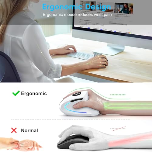 Image of Ergonomic Vertical Mouse, Bluetooth Rechargeable Wireless Mouse with 800 /1200 /1600 DPI, 6 Silent Buttons, Computer Mice for Windows, Linux, Mac