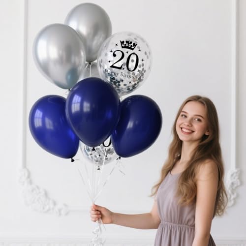 Cadimus Décorations Anniversaire 20 ans Bleu,Ballons 20 ans Anniversaire Homme,Kit de Décoration pour 20e Garçons Filles,Confettis Bleus Argent,Happy Birthday Bannière,Drapeau à Tirer en Triangle – vue 6