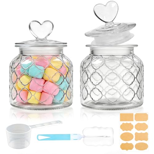 Mssushi Lot De 2 Bocal à Bonbons Avec Couvercle En Forme De Cœur 650ml, Bocal En Verre Avec Couvercle Hermétique, Idéal Pour Candy Bar, Biscuits,...