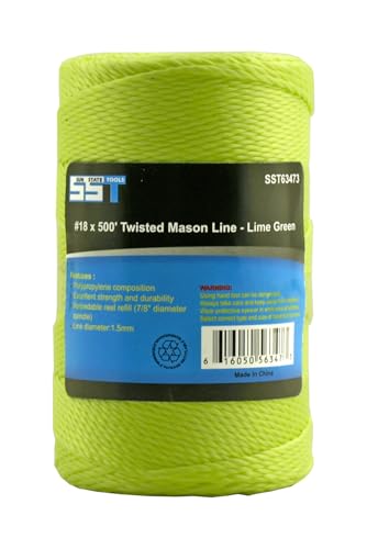 Sun State Tools SST - #18 x 500' Twisted Polypropylene Rope Twine Mason Line - Great for Masonry Jobs, DIY Projects, Net Making, Gardening (Lime Green)