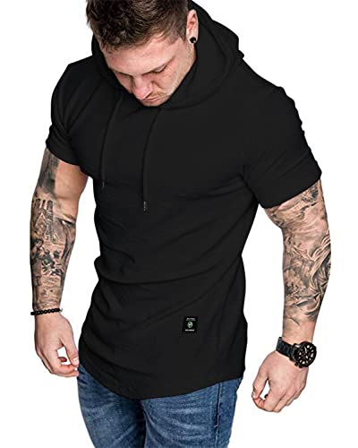 Aiyino Men's Short Sleeve Athletic Hoodies Sport Sweatshirt Solid Color Fashion Pullover Xl Black #TOP24