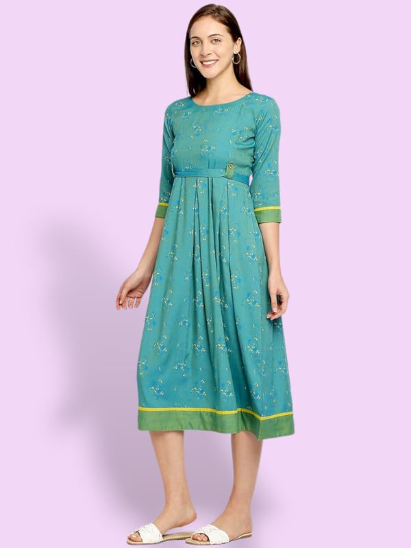 Image of DUMMY SHAPE Maternity Gown for Women | Feeding Flare Kurta with Dual Nursing Zippers for Pre & Post Partum | Maternity Dresses for Women Cotton (DS-MAT-P049-M, Turquoise)