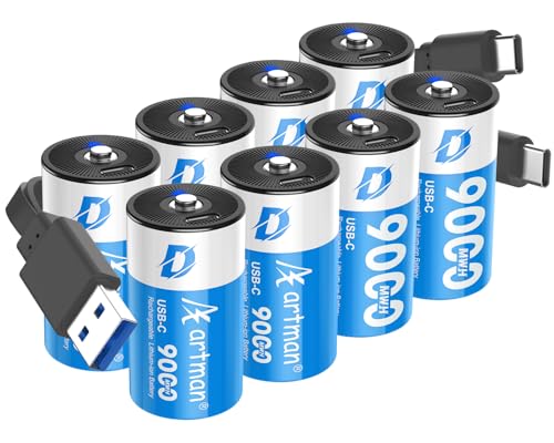 Artman Rechargeable Lithium D Batteries 8 Pack, 9000mWh
