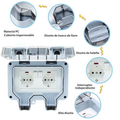 Miniatura 6 de Enchufe De Exterior Impermeable Toma De Corriente Ip66 Con Interruptor Doble Conexión,Conector De Cable Y Tapa Abatible,Para Cocina Baño Garaje Piscina Y Jardín Mpg2-Gsn, 1 Piezas