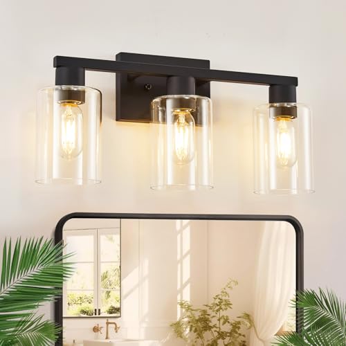 SOPEAS 3-Light Bathroom Vanity Light, Black Vanity Lights with Clear Glass Shades, Bathroom Wall...