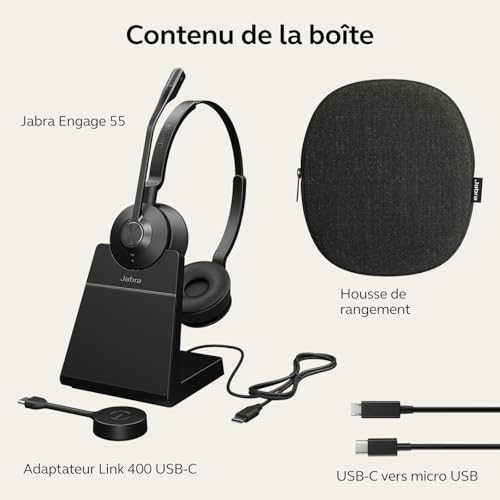 Jabra Engage 55 - Micro-casque stéréo sans fil avec adaptateur DECT, Microphone à réduction de bruit, Portée étendue et base de chargement - Certifié Google Meet/Zoom - Compatible UC - Noir